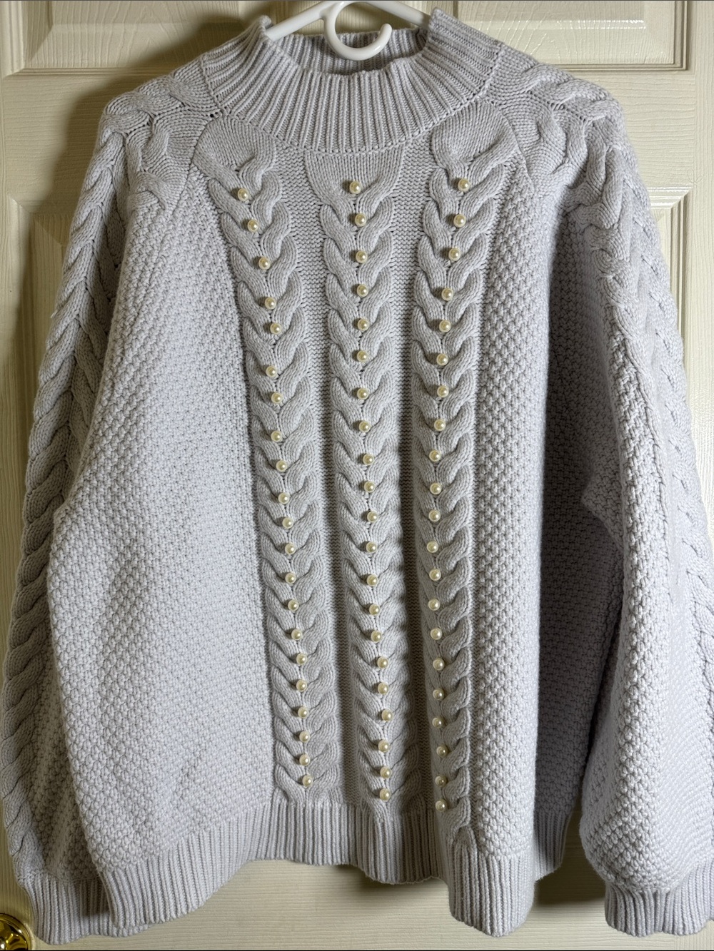 Ann Taylor Pearl-Embellished Cable Knit Mockneck Sweater - Light Blue/Gray XXL